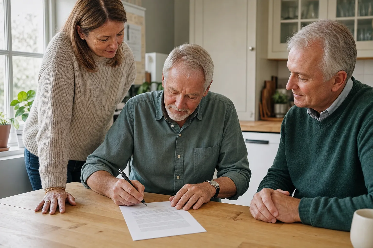 Tre personer rundt et kjøkkenbord: en eldre mann signerer fremtidsfullmakten mens to vitner er til stede og ser på.